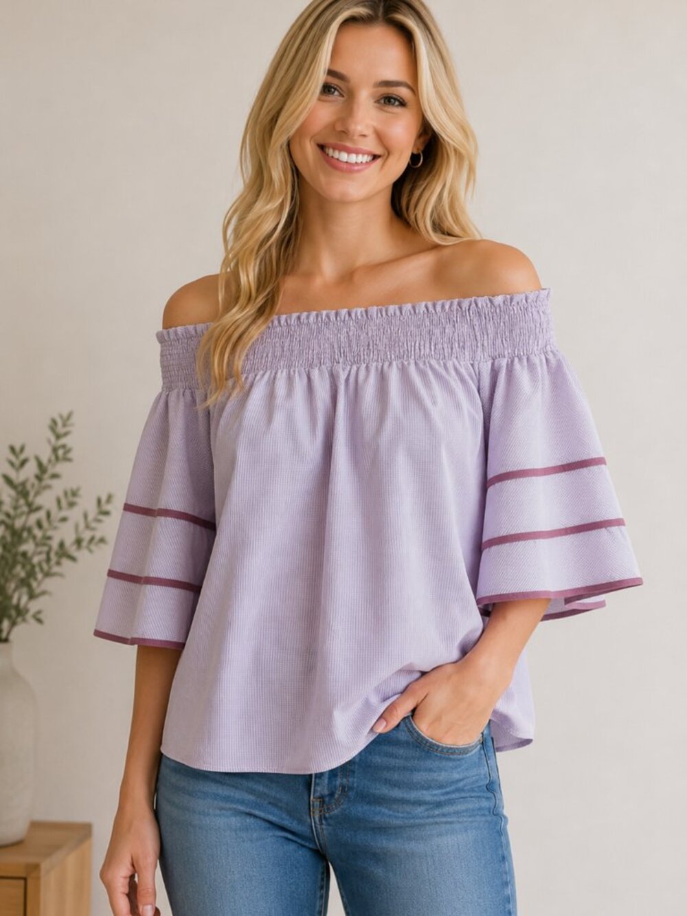 NWT Lavender White Striped Off Shoulder Top Blouse Smocked PinkBlush Size Med